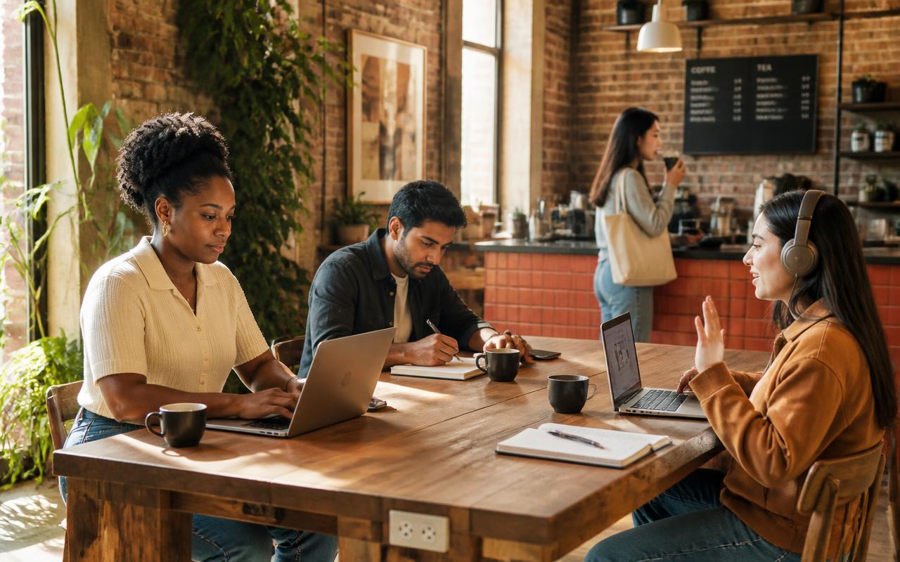 Remote workers from a range of backgrounds sharing a big communal table with laptops, coffee and power outlets in a sunlit coffee shop